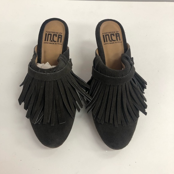 FORTRESS ON INCA HAND MADE JUANITA LEATHER FRINGE heeled Miley with clog shape - Picture 1 of 9